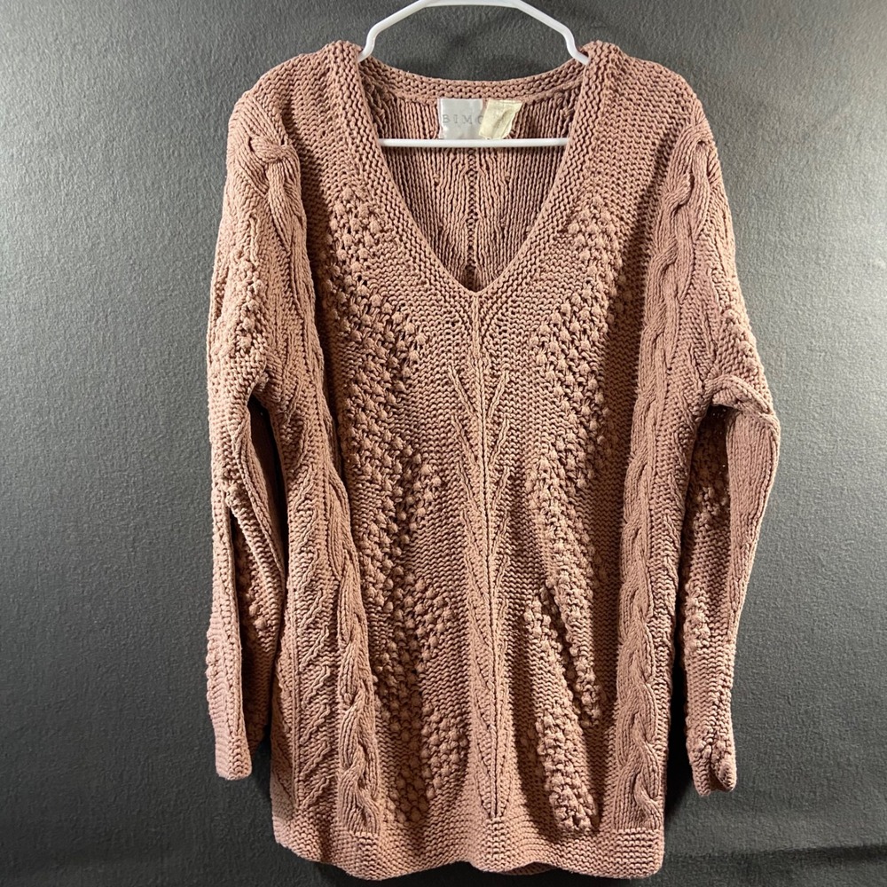 vtg silk Sweater large pink Cable Knit chunky bobbles Pullover Mauve v neck